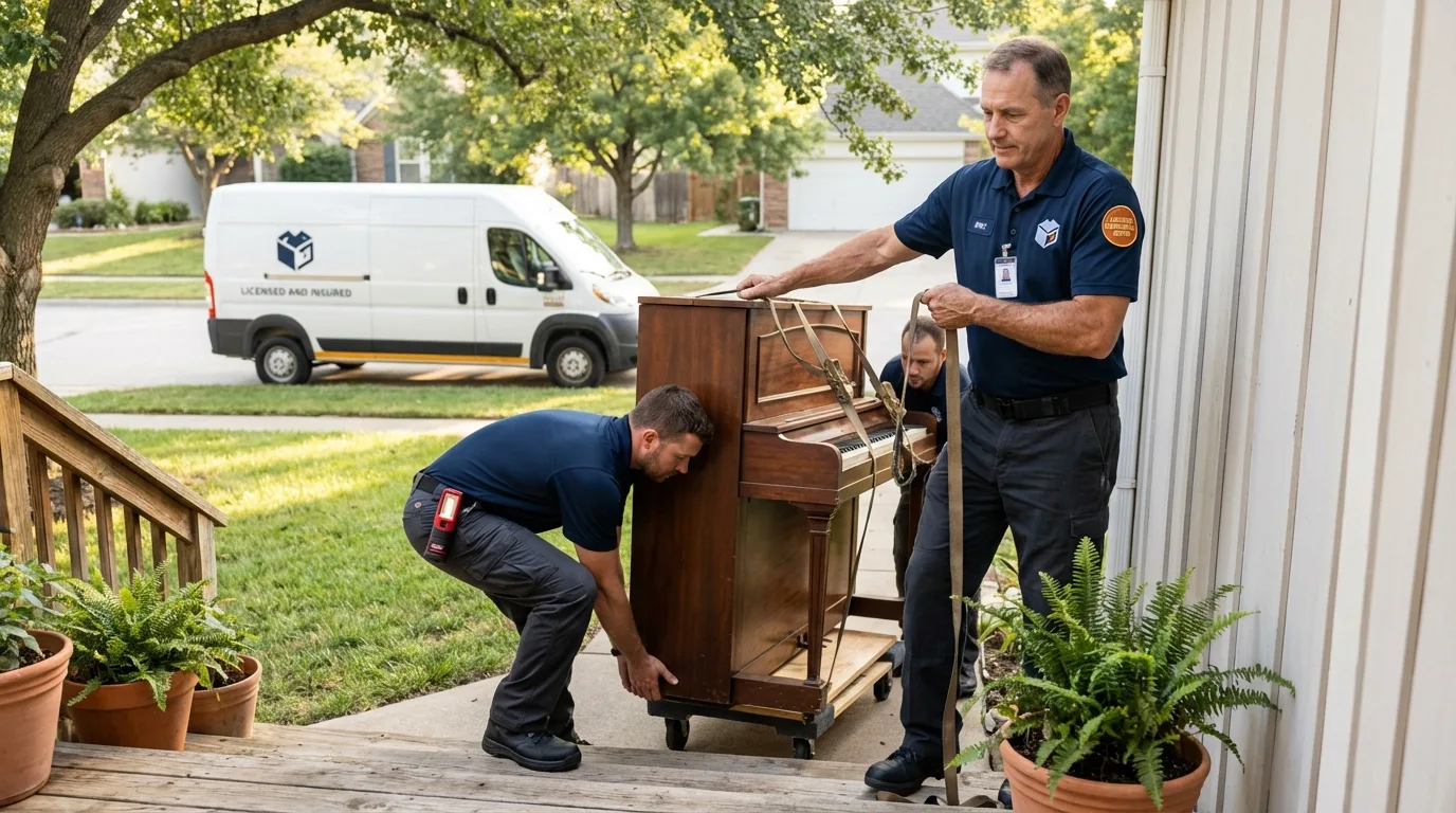 Licensed piano movers securing grand piano in Rockville, IN