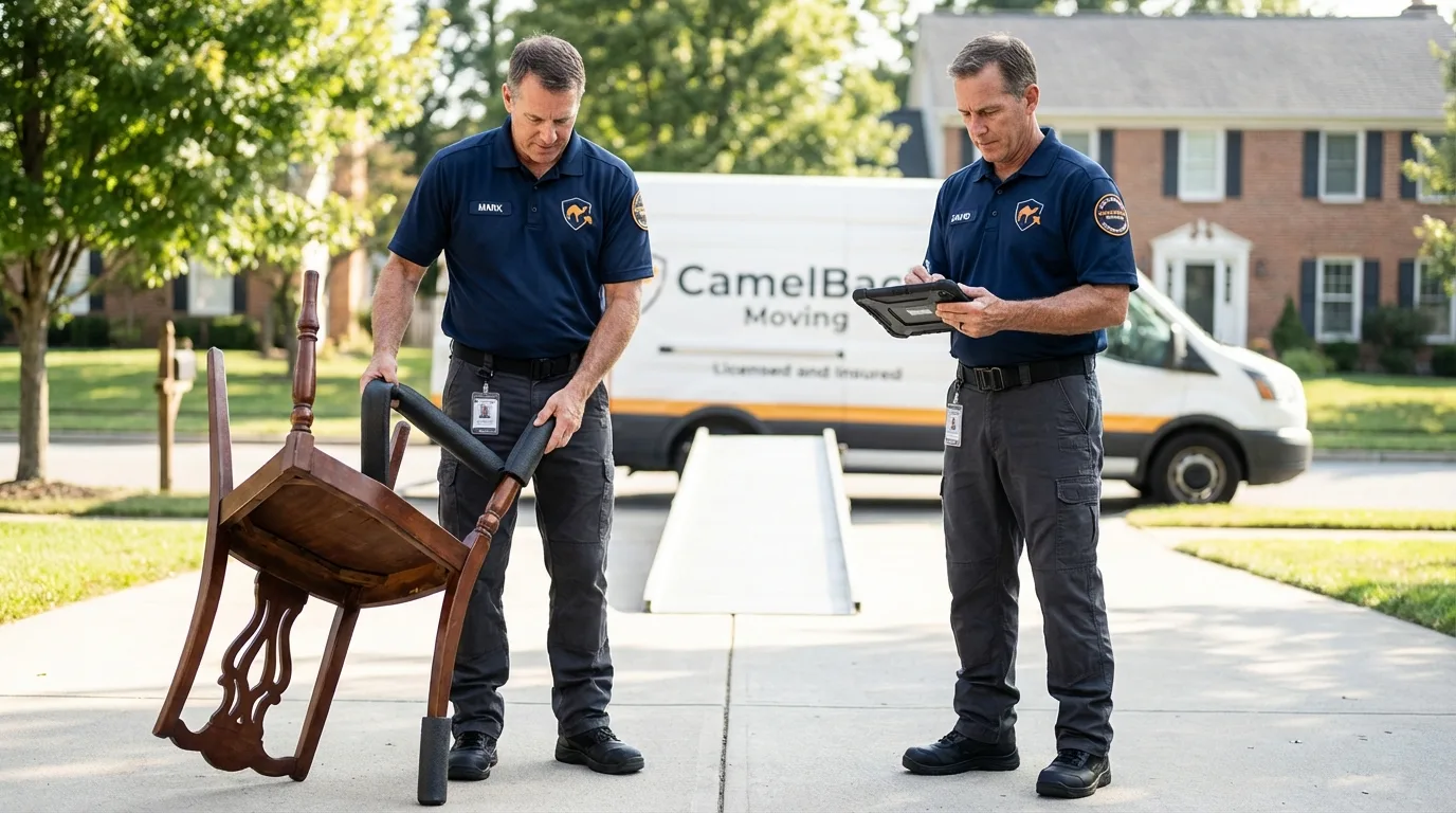 Movers inspecting furniture for damage prevention before loading in Rockville, IN