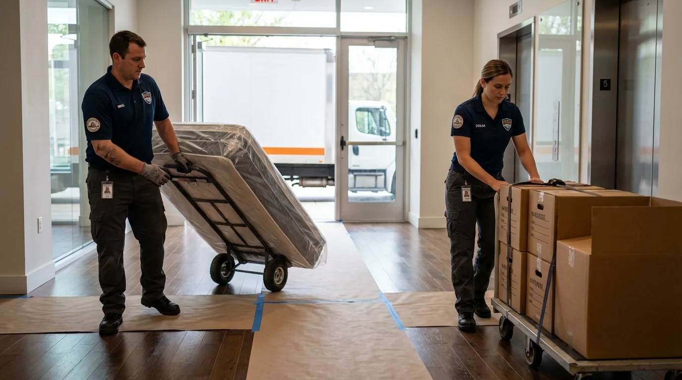 Professional apartment movers loading elevator in Rockville, IN